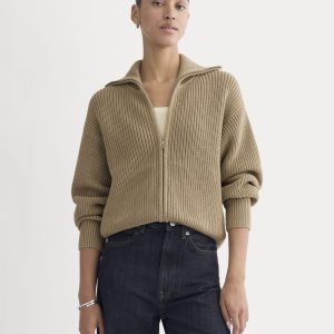 The Full-Zip Sweater in Everyday Cotton | Dark Heathered Camel