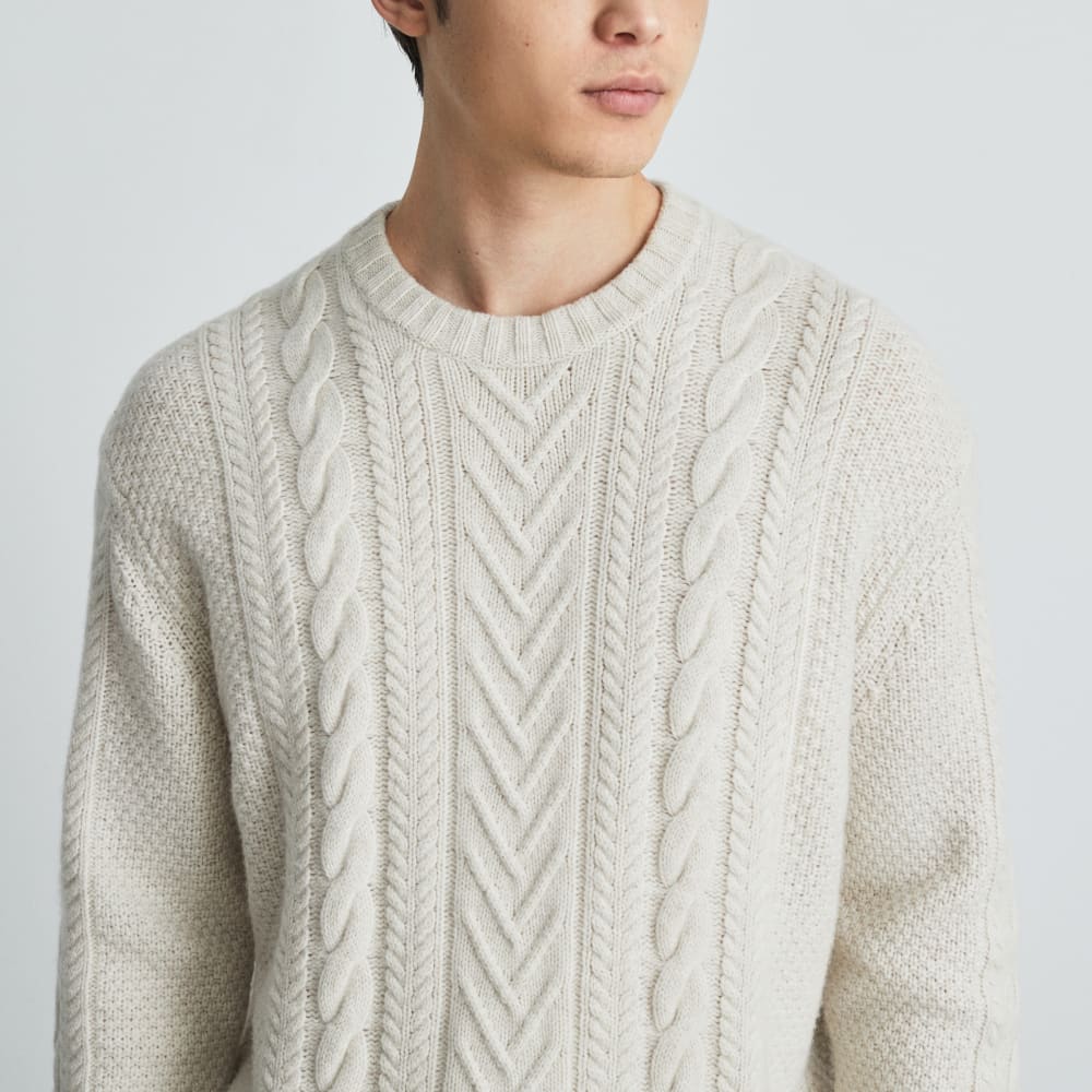 The Felted Merino Cable-Knit Crew | Heathered Oat - Image 3