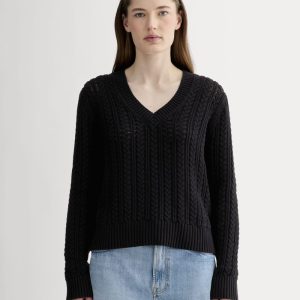 The Mesh Cable V-Neck in Everyday Cotton | Black