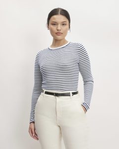 The Long-Sleeve Sweater Tee in Ultrasoft Merino | Bone / Navy