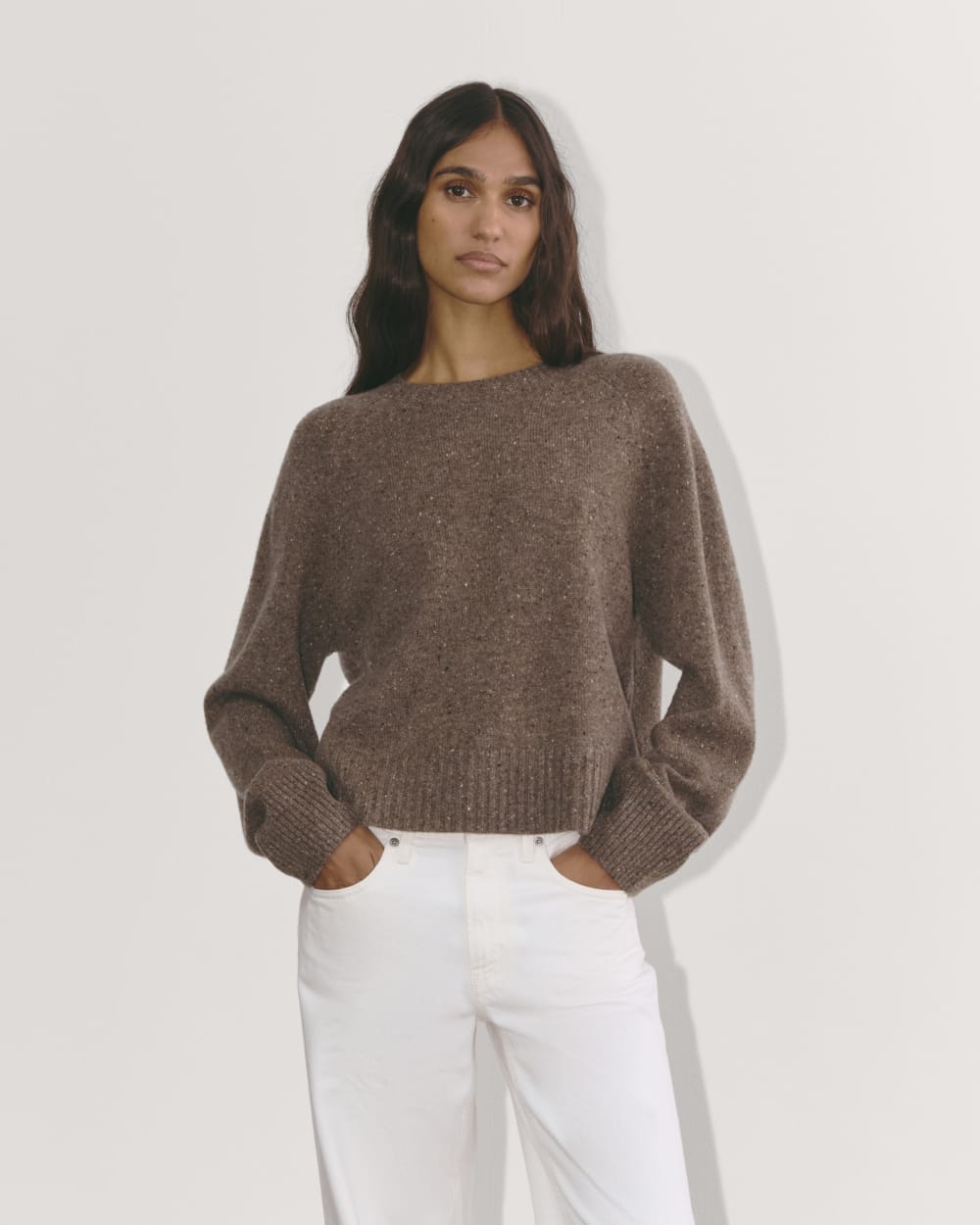 The Boxy Crew in Cashmere | Taupe Brown Donegal