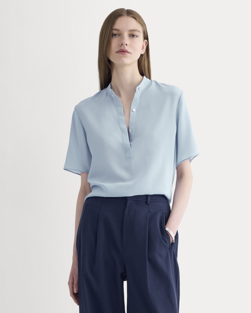 The Popover Top in Washable Silk | Soft Blue