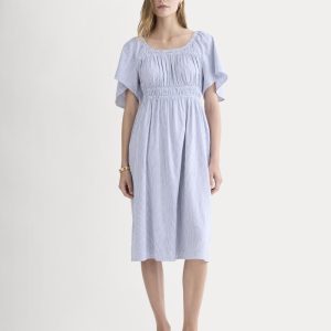 The Flutter-Sleeve Dress in Stretch Linen | White / Dutch Blue