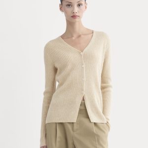 Cashmere Ribbed V-Neck Cardigan | Heather Light Camel
